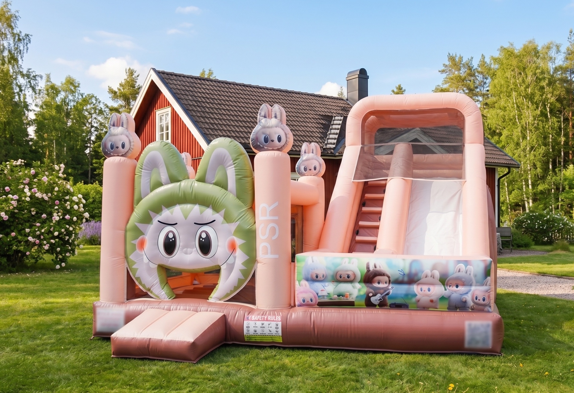 Rosa hoppborg med rutschkana uppställd i en svensk trädgård